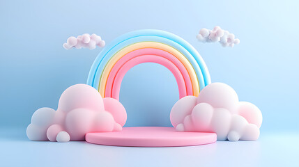 vibrant 3D fantasy scene featuring giant glowing rainbow with pastel colors, surrounded by fluffy clouds, creating whimsical and cheerful atmosphere