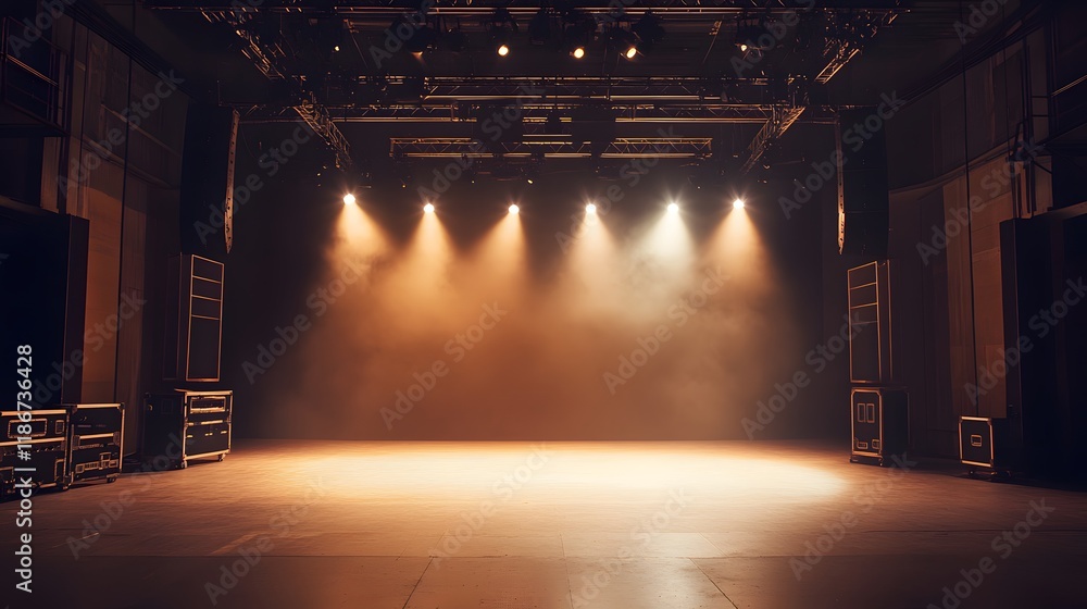 Poster empty stage illuminated with spotlights ready for performance