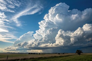 A dramatic backdrop of towering cumulus clouds against a clear blue sky with a few wispy clouds in the distance, landscape, clouds, peaceful