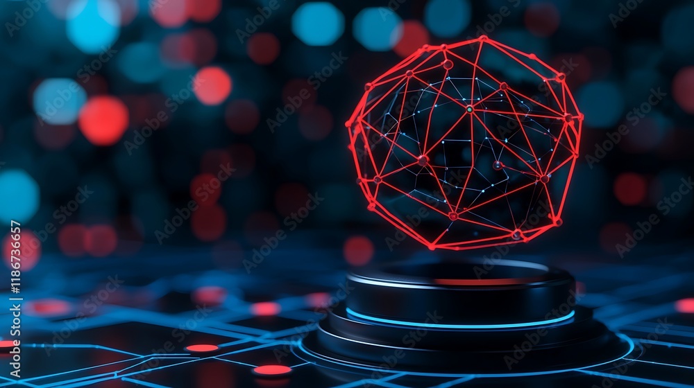 Poster futuristic glowing globe covered in mesh showcasing a network structure with vibrant red and blue li