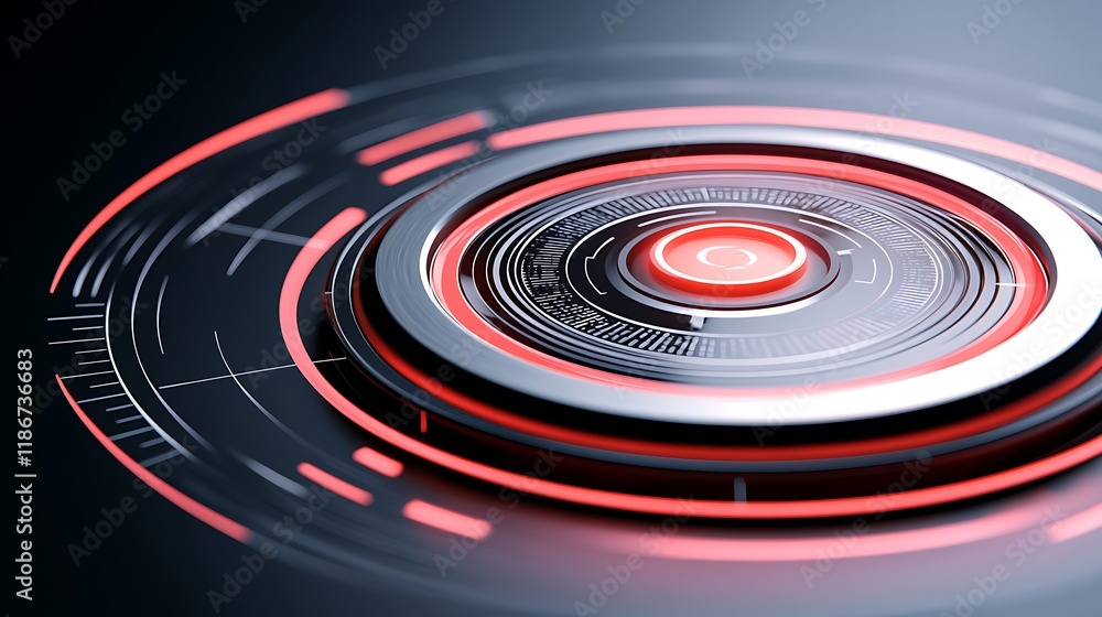 Poster futuristic digital interface mockup featuring a vibrant red and black design, showcasing intricate p