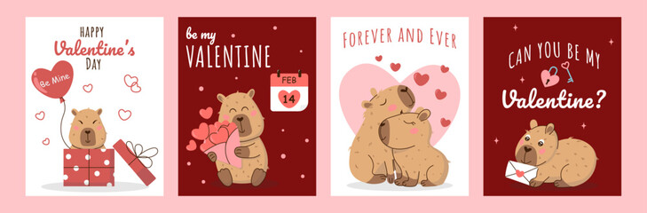 Charming Valentine’s Day vector poster set featuring cute capybaras, romantic elements, and sweet messages. Ideal for greeting cards, posters, social media, and invitations. Fun and whimsical design.
