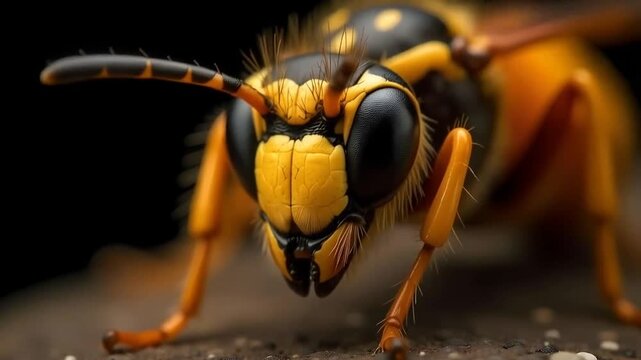 Wasp's head, focusing on its compound eyes and textured exoskeleton, with a contrasting dark background to enhance visibility