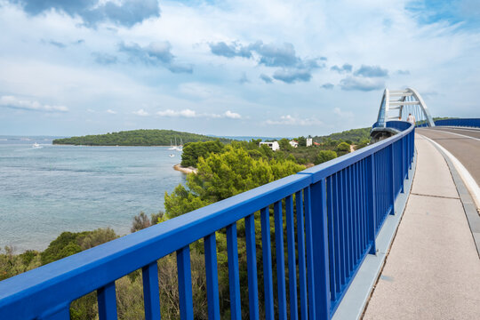 Zdrelac Bridge onto the Island of Ugljan waterfront and Galovac islet panoramic view, Preko in Dalmatia region of Croatia