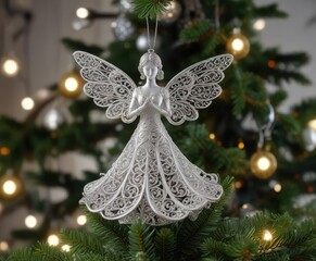 A delicate silver filigree angel ornament perched on top of a Christmas tree, heavenly presence, holiday star, angel ornament