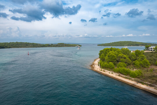 View from the Bridge of Ugljan island - Islands of the Kornati archipelag, Zdrelac Bridge onto the Island of Ugljan waterfront and Galovac islet panoramic view, Preko in Dalmatia region of Croatia