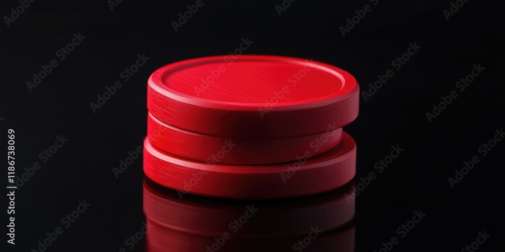 Poster a stack of red plastic discs on a black surface, suitable for use in presentations or as a visual ai