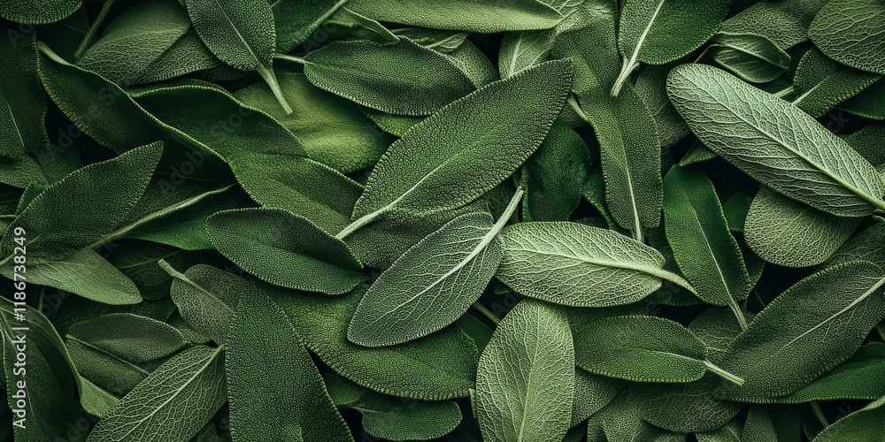 Aufkleber fresh sage leaves arranged on a table, showcasing the vibrant green color and unique texture of sage