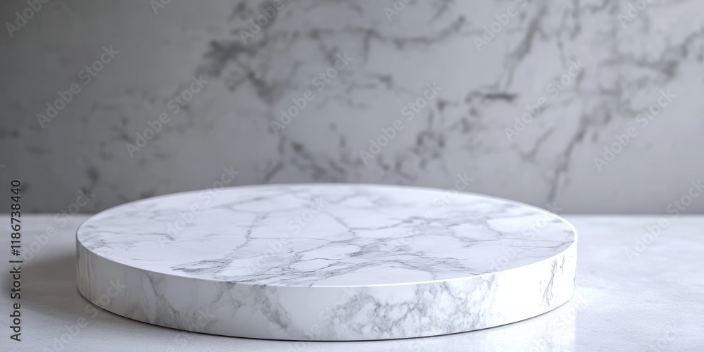 Poster a round tabletop made of white marble sits in the foreground, with a scene behind it that is slightl