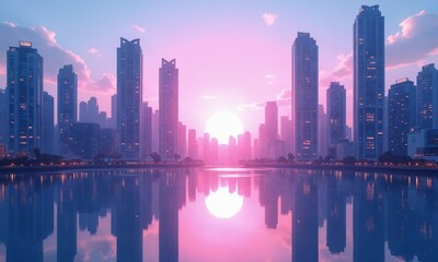 Obraz premium A vibrant cityscape with a mirrored reflection effect, showcasing tall buildings with geometric designs, glowing windows, and soft pastel tones of blue, pink, and purple against a radiant horizon.