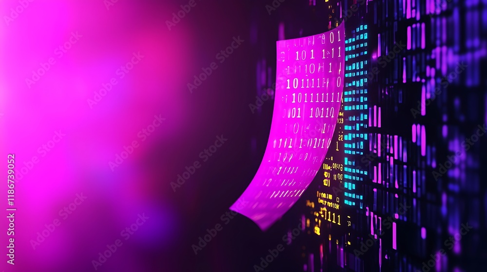 Poster mesmerizing array of light pulses moving through a digital landscape with flowing binary code and vi