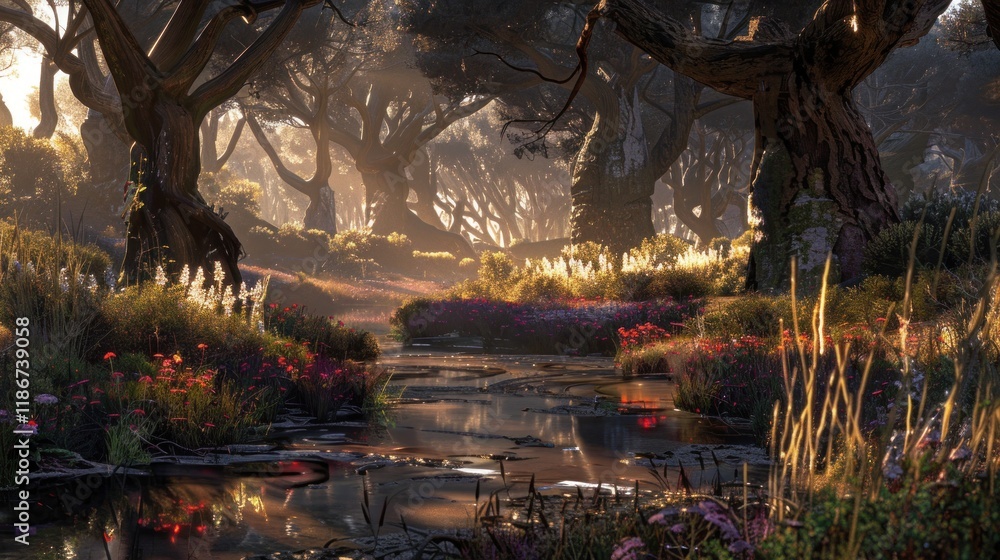 Poster sunlit stream flows through enchanted forest with wildflowers and ancient trees.