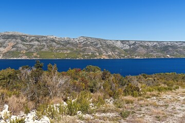 View from Scedro island to Hvar island and the Adriatic Sea. Croatia. Europe.