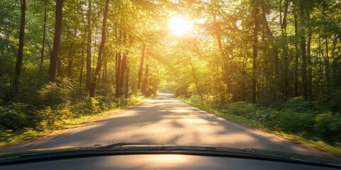 View of the road and lush forest scenery through the car windshield, highlighting the beautiful sunlight illuminating the landscape, creating a serene atmosphere for a drive in nature.