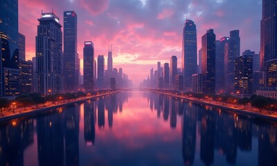 Fototapeta premium A surreal cityscape at dusk, with symmetrical rows of skyscrapers glowing in vibrant purple, orange, and blue hues, mirrored perfectly to create an infinite illusion under a twilight sky.