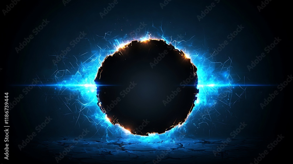 Poster mesmerizing array of luminous particles creating a stunning glowing circular portal with radiant blu