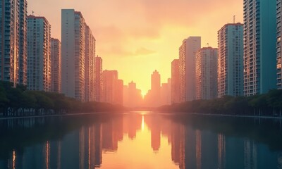 Obraz premium A cityscape at golden hour, showcasing warm light streaming between tall buildings in shades of peach and aqua, their reflections creating a seamless mirrored symmetry.
