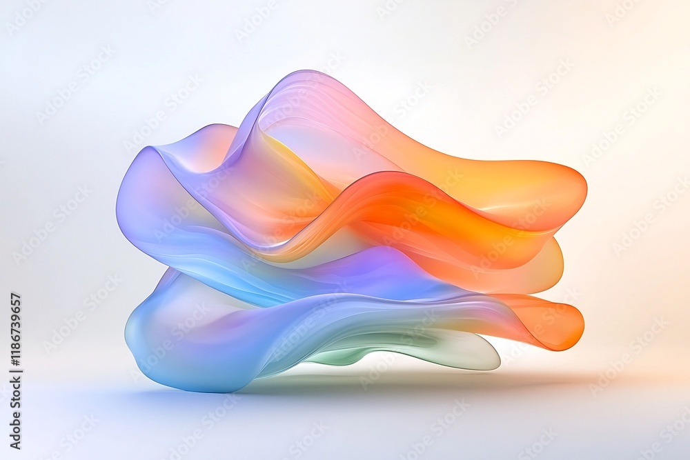Poster undulating dynamic abstract design featuring iridescent wavy shapes in a serene icy color palette wi