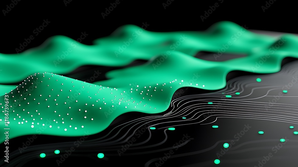 Poster mesmerizing array of luminous particles waving across a dark surface with a flowing, fluid-like text