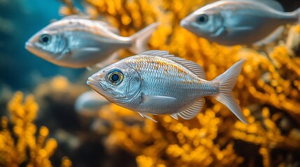 Silver fish swim among yellow coral reefs