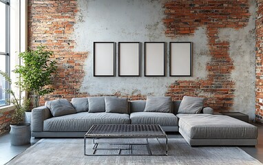 Modern loft apartment living room, exposed brick wall, city view