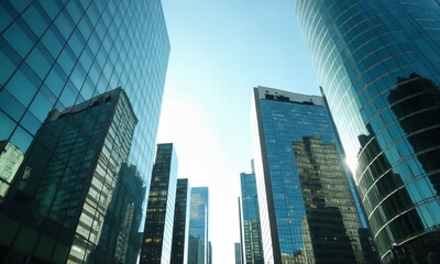 Obraz premium A mirrored city at midday, with sunlight gleaming off the glass and metal skyscrapers in tones of teal, white, and silver, creating sharp reflections and vibrant gradients under a clear blue sky.