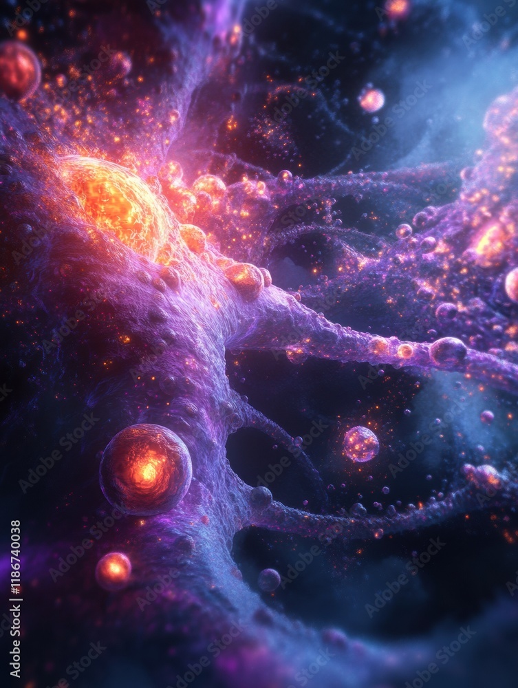Leinwandbilder Cancer cells with glowing edges showcase vibrant cellular activity in a microscopic view during cellular examination. Generative AI