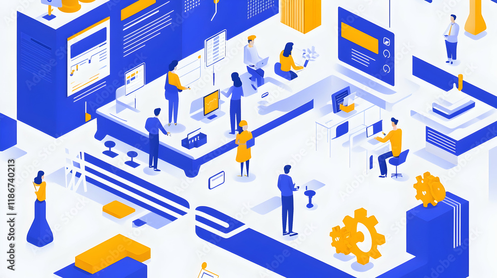 Poster flat vector illustration of a collaborative tech team in a digital workspace