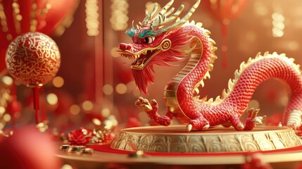 Fototapeta premium 3D Chinese dragon on a festive 2025 New Year podium, gold and red decorations, creating a celebratory atmosphere for the Year of the Snake.