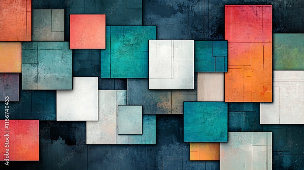 Poster mesmerizing display of layered translucent panels in vibrant colors and abstract shapes to enhance m