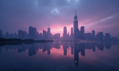 Obraz premium A surreal mirrored city at pre-dawn, with faint purple and pink tones on the horizon, skyscrapers barely illuminated by the soft ambient light.