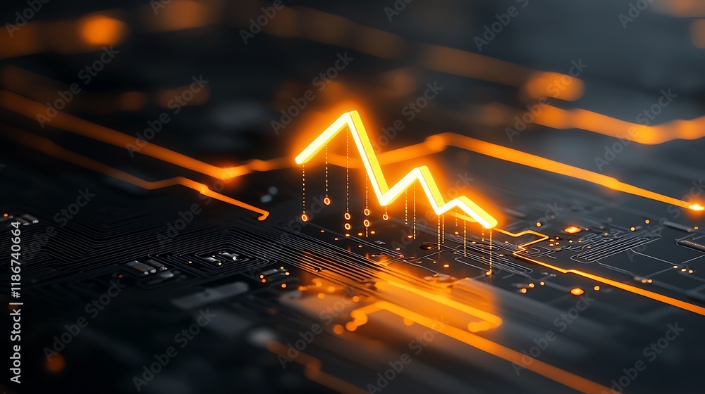 Poster mesmerizing glowing circuit board view with dynamic lines indicating growth, illuminated patterns, a