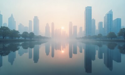 Fototapeta premium A mirrored urban landscape during a misty afternoon, with soft light illuminating the skyscrapers in faded pastel colors, their reflections blending into a dreamy, overcast horizon.