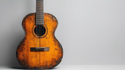 Obraz premium Worn acoustic guitar against a gray background.