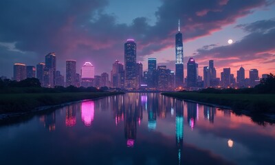 Fototapeta premium A surreal mirrored cityscape at nightfall, with the skyscrapers glowing in neon pink, purple, and green, their reflections merging with the horizon.