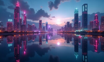 Obraz premium A surreal mirrored cityscape at nightfall, with the skyscrapers glowing in neon pink, purple, and green, their reflections merging with the horizon.
