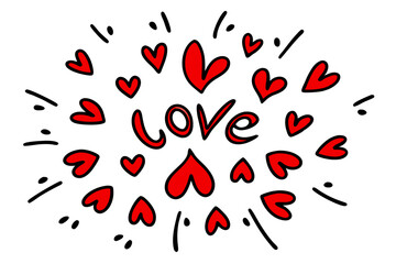 Celebrate Valentine's Day with a hand-drawn illustration featuring love typography, red hearts explosion, black ink sketch style, white background, radial composition, and dynamic doodle art.