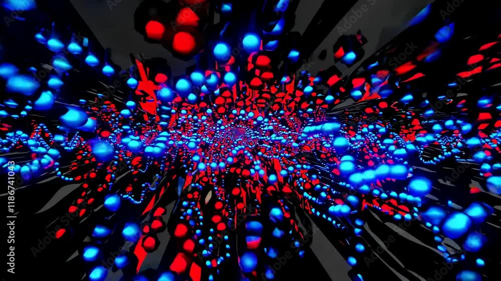 Poster colorful abstract animation with vibrant blue and red spheres flowing through a dark space