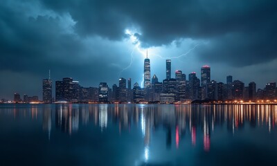 An abstract mirrored skyline during a stormy evening, with dark clouds overhead, skyscrapers glowing faintly in shades of silver and blue, and lightning illuminating their infinite reflections.