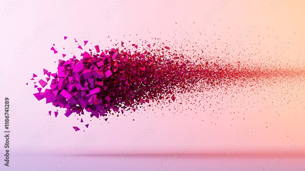 Poster abstract minimalist design featuring fragmented digital shapes in shades of pink and red, representi