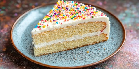 Above view of an old style school cake showcasing its slices. The vanilla cake is adorned with white icing and colorful sprinkles, making it a delightful old style school cake treat.
