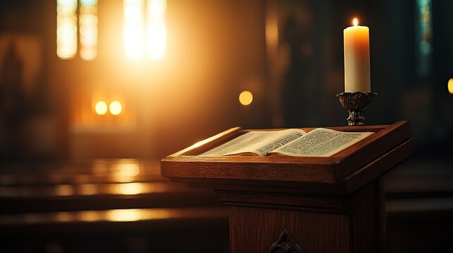 Open bible on lectern with candle in church.