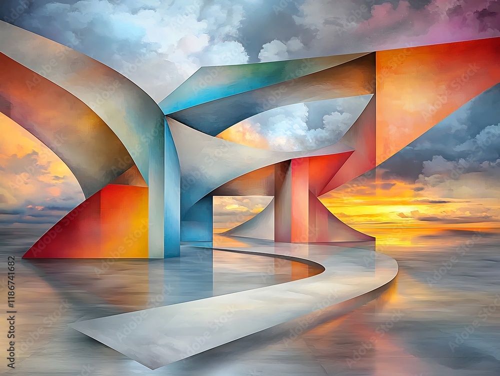 Poster captivating geometric abstract landscape with dreamlike celestial backdrops and vivid kaleidoscopic 