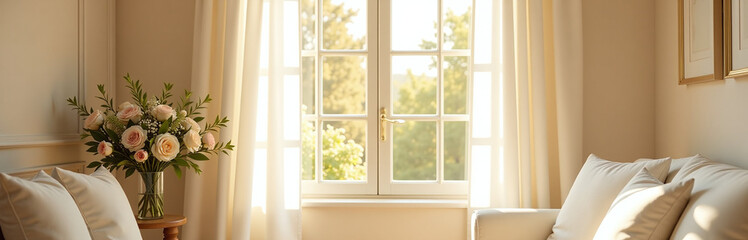 Obraz premium Bright Warm Tones And Sunny Window Create A Romantic White Interior With Soft Curtains In A Bridal Mock Up Scene. 00003