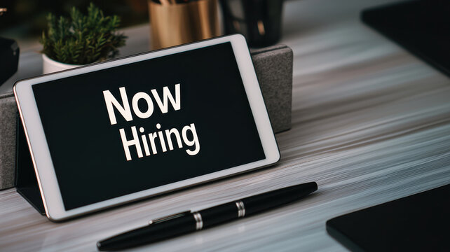 Now hiring sign on modern desk setup with office supplies and greenery
