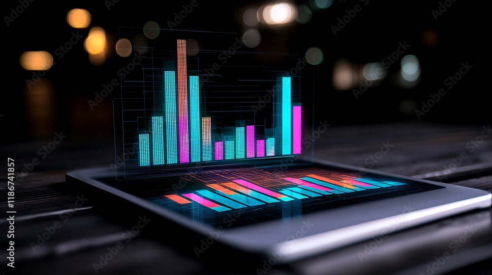 Poster modern workspace with transparent screen displaying colorful data visualizations in a dark setting