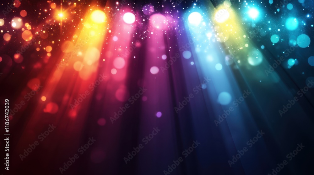 Poster vibrant illumination with colorful lighting rays and bokeh effect