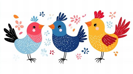 Obraz premium Three cheerful cartoon birds in vibrant colors, surrounded by flowers, bring a joyful spring vibe.