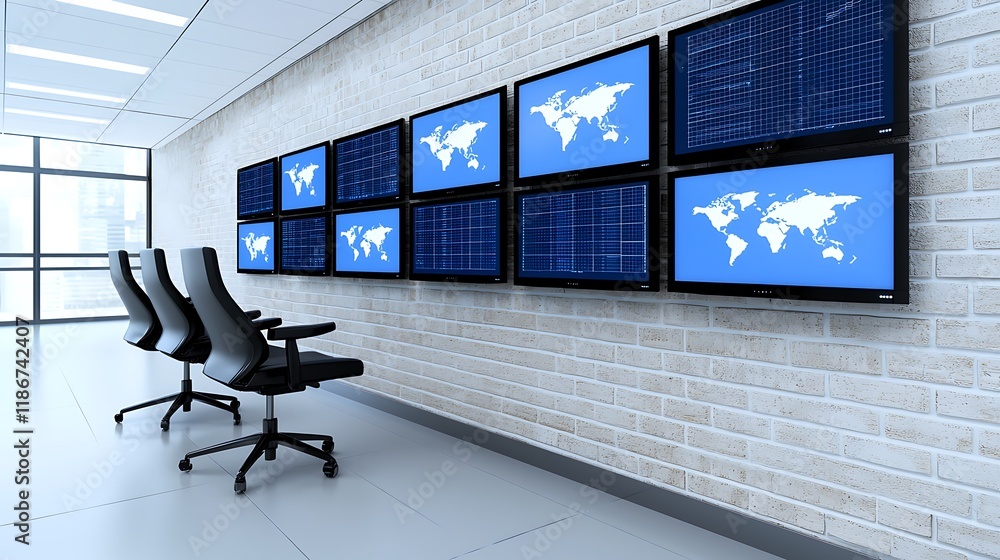 Poster stunning panoramic view of an ultra-modern control room featuring multiple screens displaying global