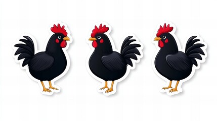 Fototapeta premium Three black roosters stand in a row against a white background. A cheerful illustration.